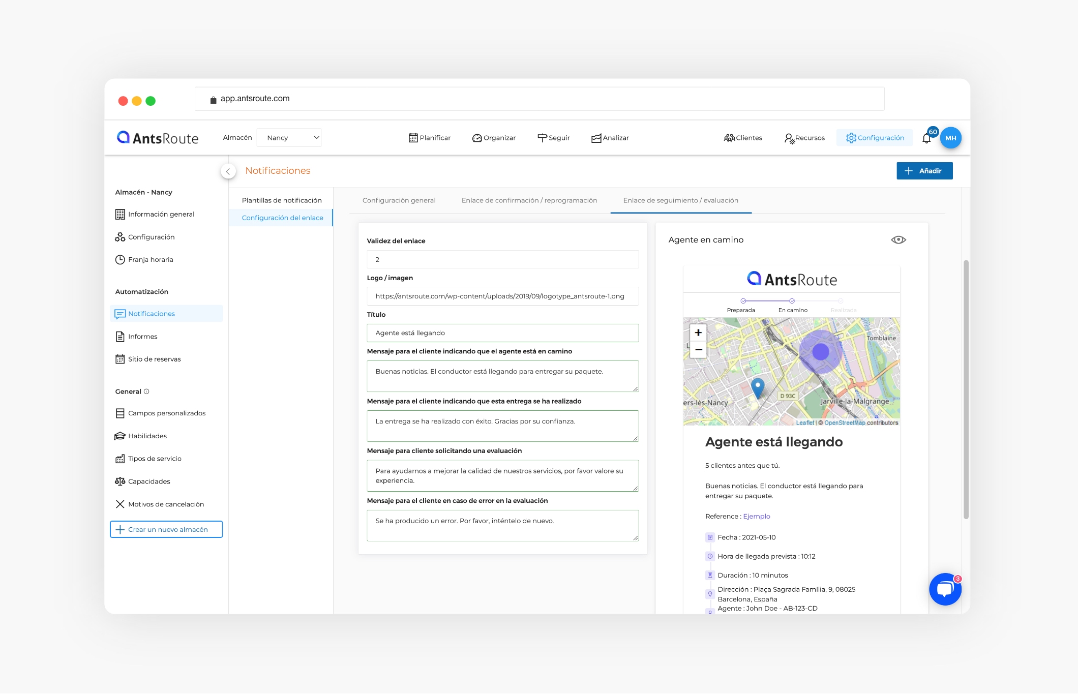 AntsRoute ofrece un sistema de envío de enlace que permite al cliente de localizar el agente en un mapa.