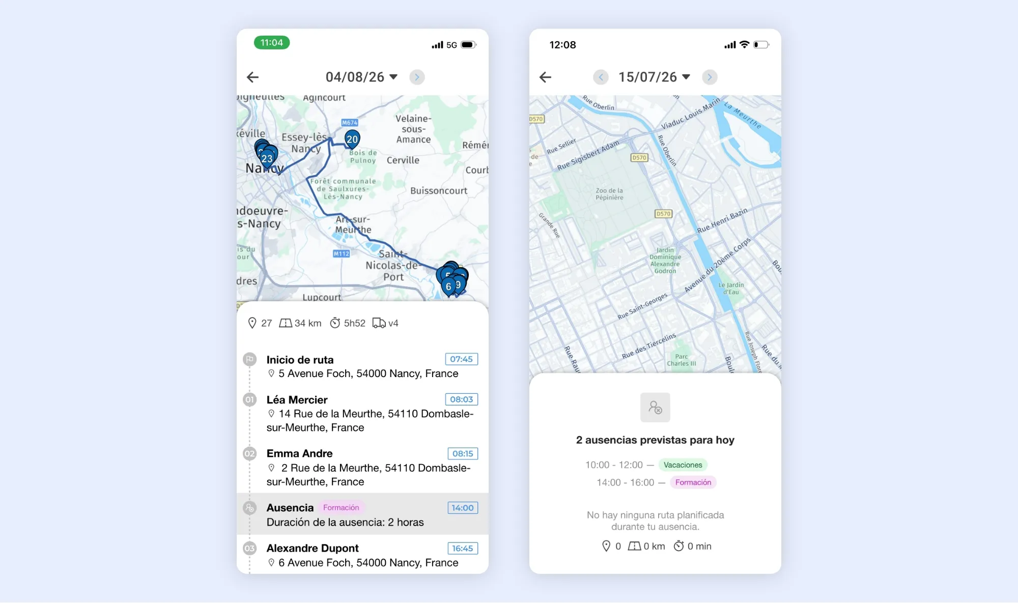 Aplicación móvil de AntsRoute con ruta de reparto y gestión de ausencias del conductor