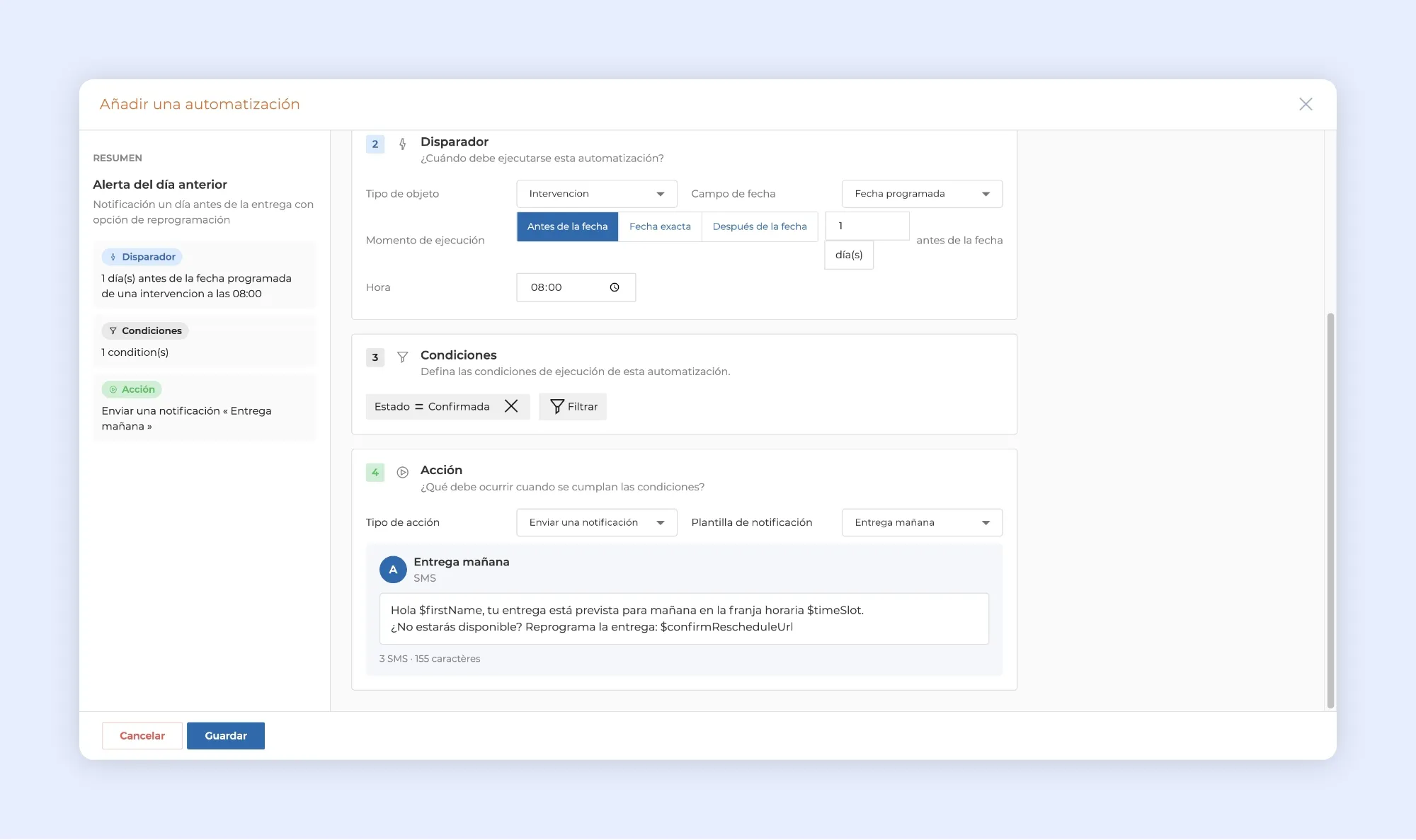 Configuración de una automatización en AntsRoute con disparador, condiciones y envío automático de SMS para una entrega