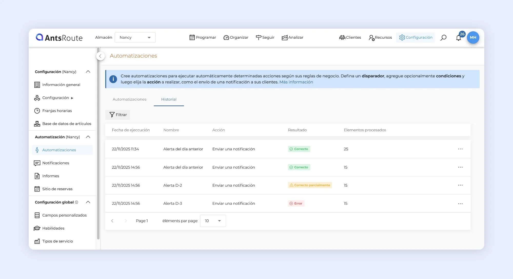 Historial de automatizaciones en AntsRoute con estado de ejecución de las notificaciones automáticas