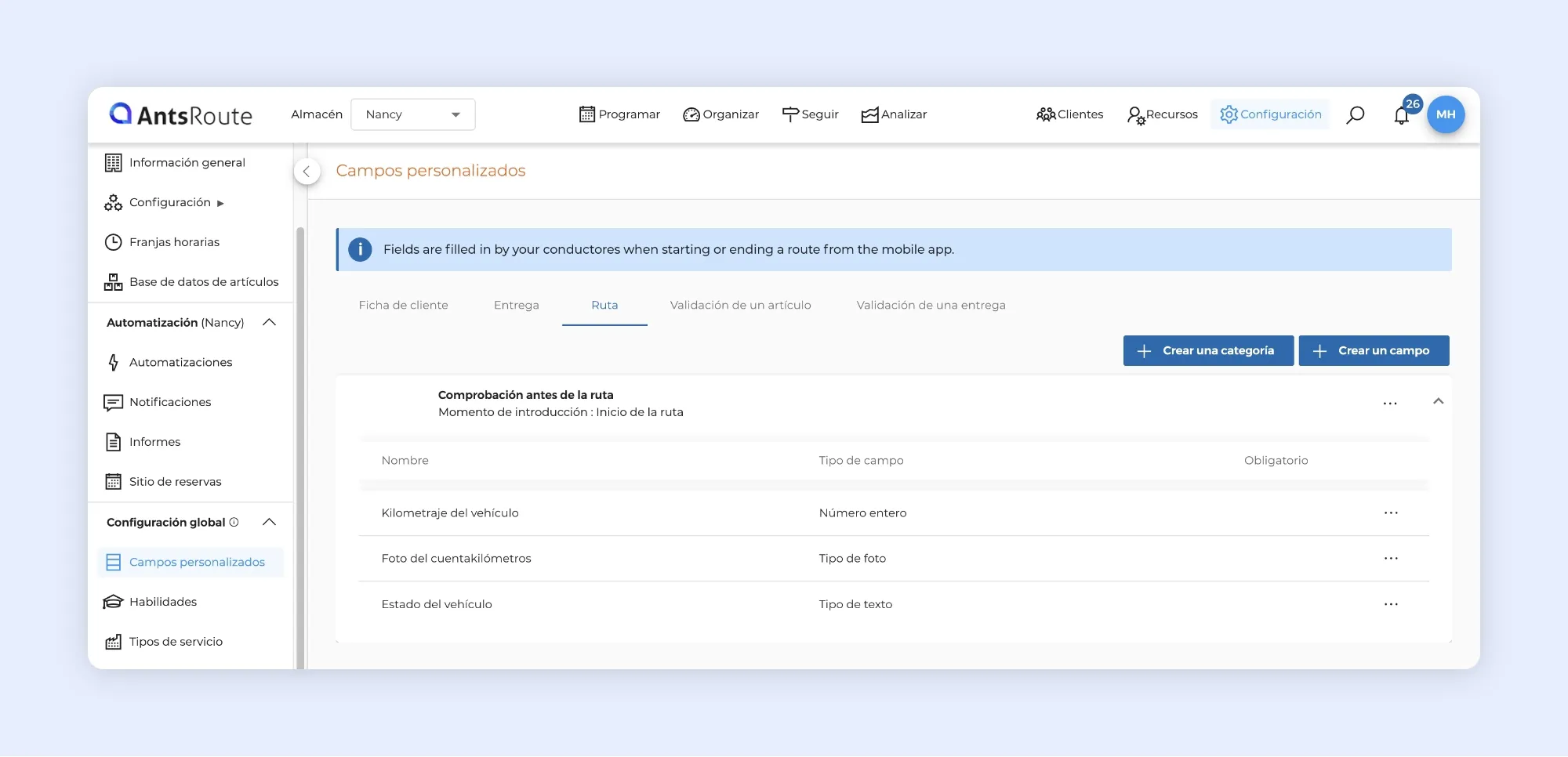 Campos personalizados para registrar datos de rutas y vehículos en AntsRoute