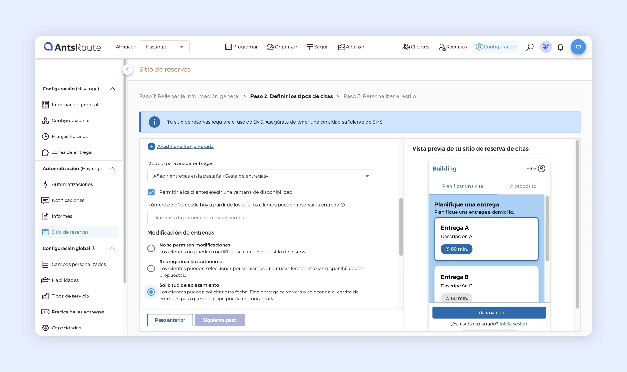 Sitio de reservas para programar y reprogramar entregas con AntsRoute