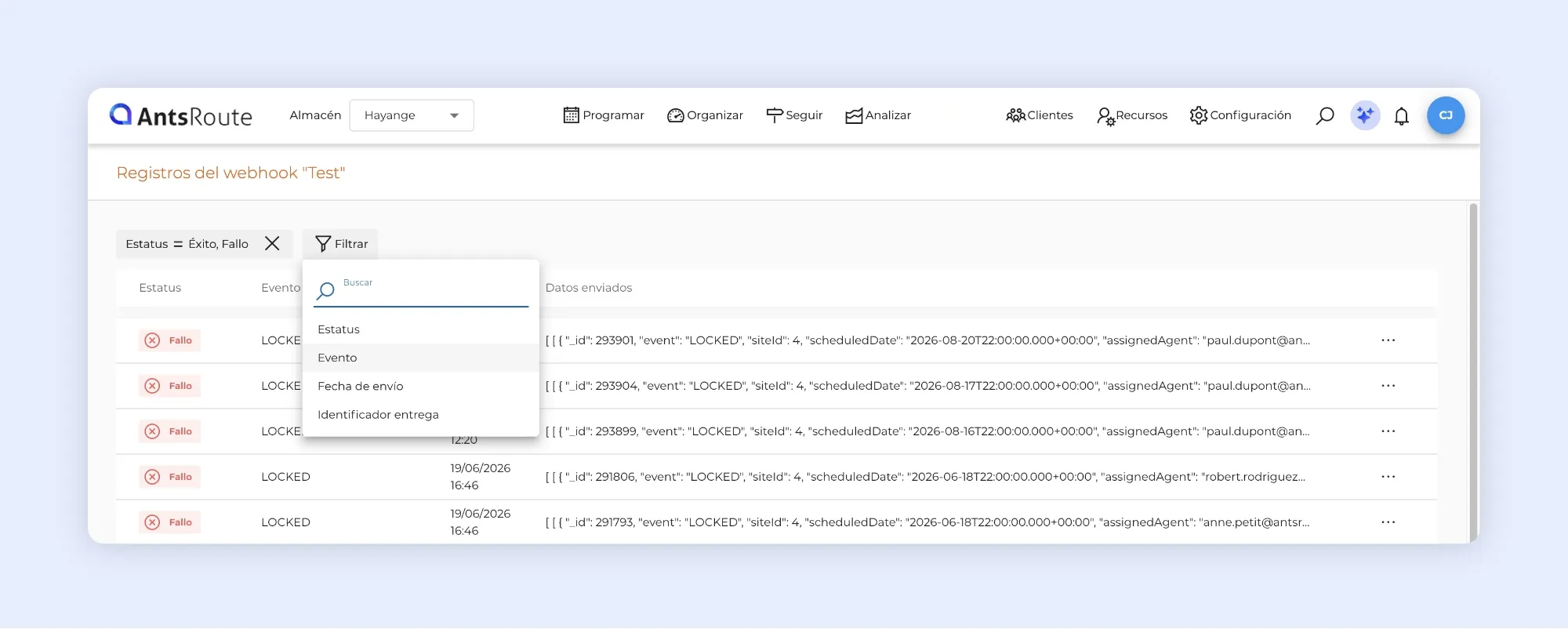 Registros de webhook y filtrado de eventos de entrega en AntsRoute