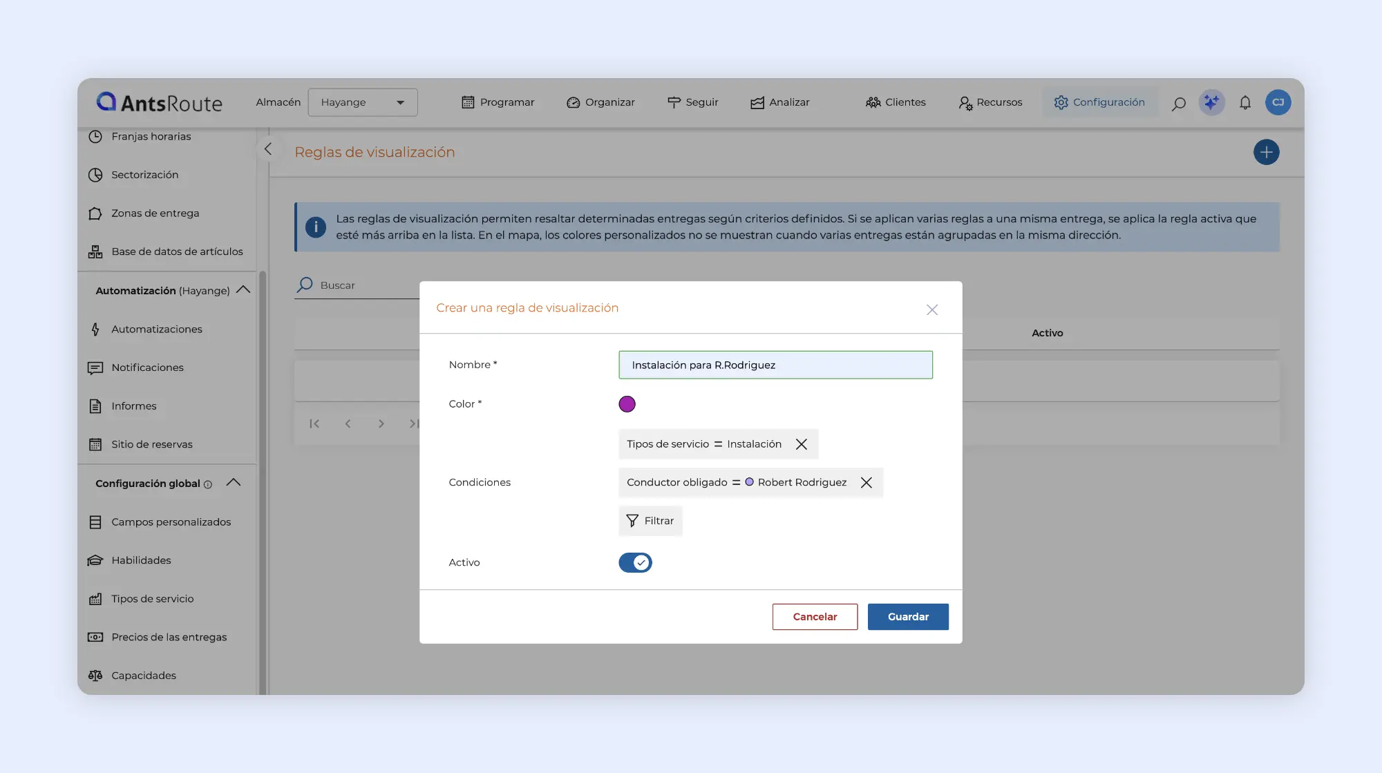 Creación de una regla de visualización en AntsRoute para identificar las intervenciones de instalación asignadas a un conductor.