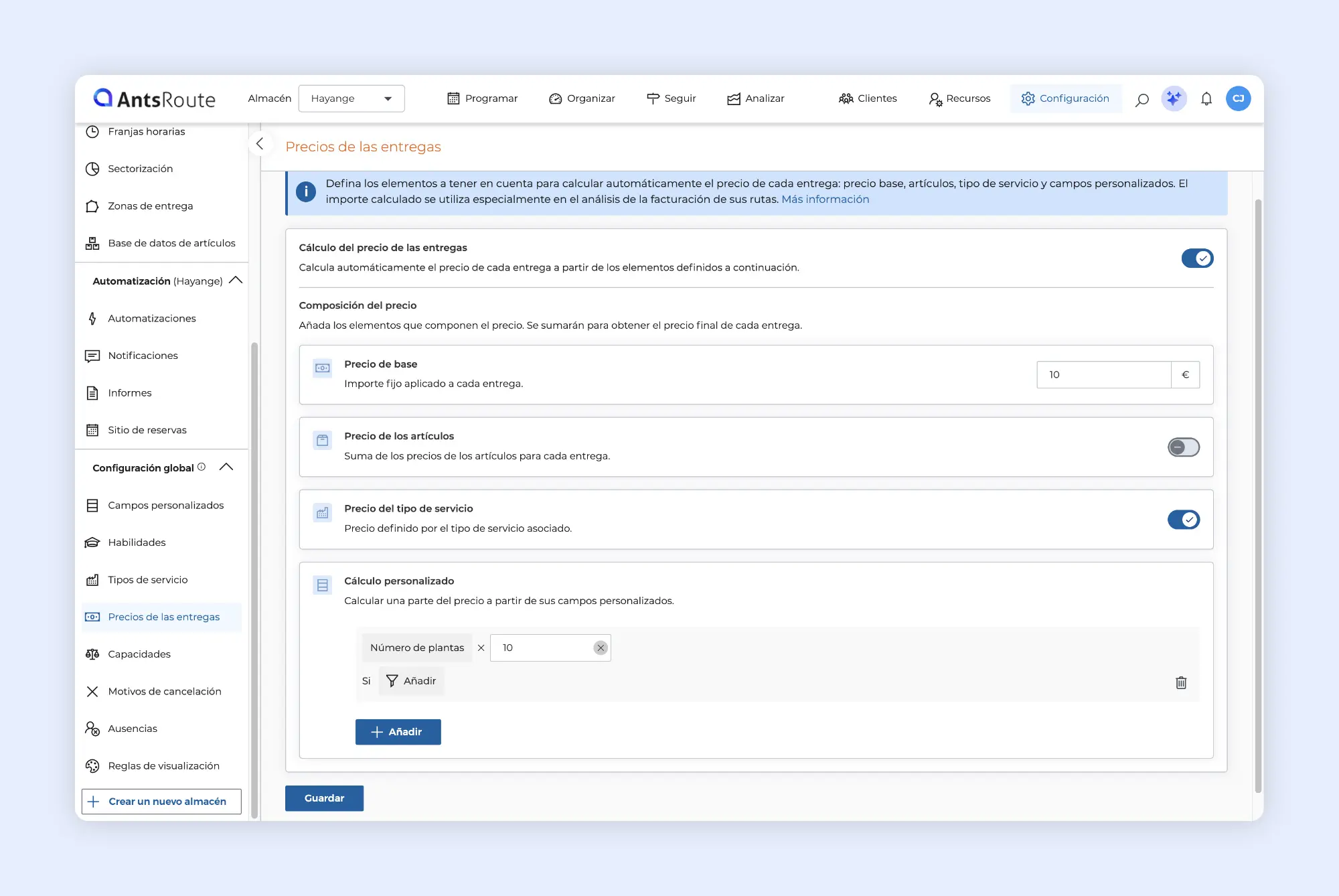 1. Configuración del cálculo automático del precio de las entregas en AntsRoute según el precio base, el tipo de servicio y criterios personalizados.