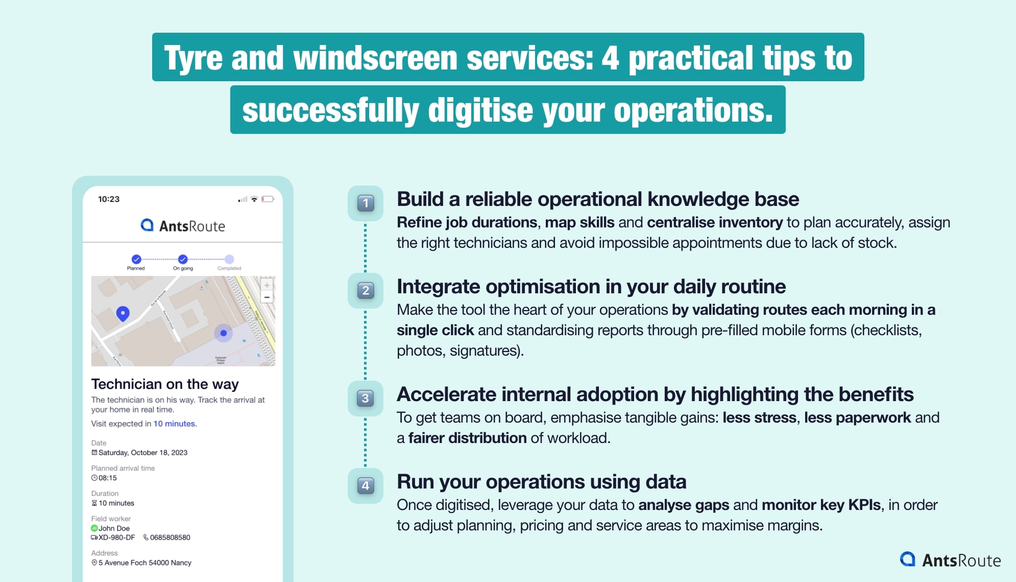 Infographic presenting the 4 practical tips for successfully digitising tyre and windscreen operations: build a reliable operational knowledge base, integrate optimisation into daily routines, accelerate internal adoption by highlighting benefits, and manage operations through data.