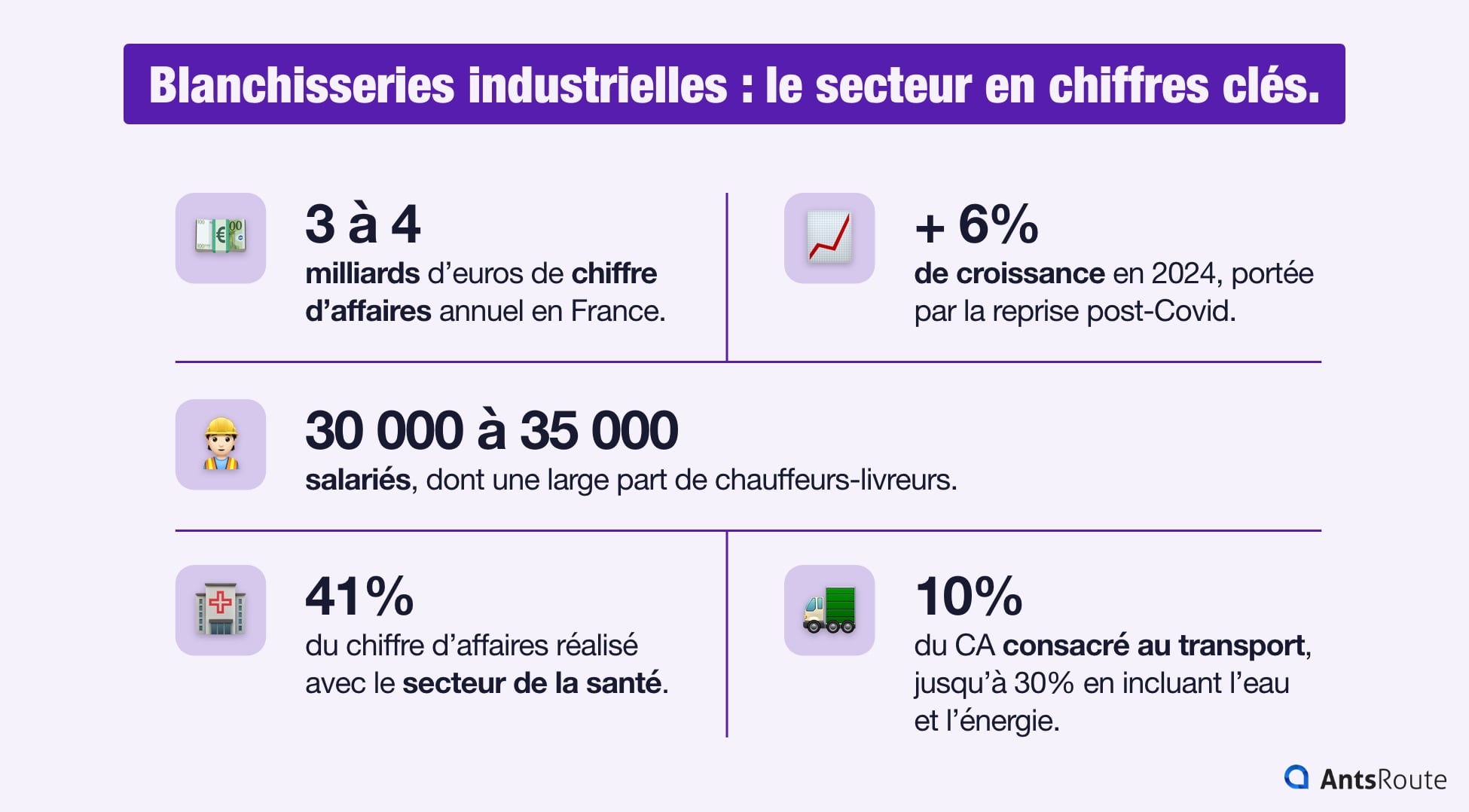 Infographie sur le secteur des blanchisseries industrielles : chiffre d’affaires annuel, croissance 2024, nombre de salariés, part du secteur de la santé et poids du transport.