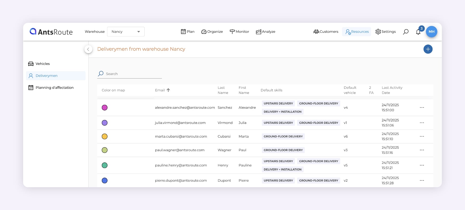 Screenshot of AntsRoute displaying the list of drivers with the skills assigned to each of them.
