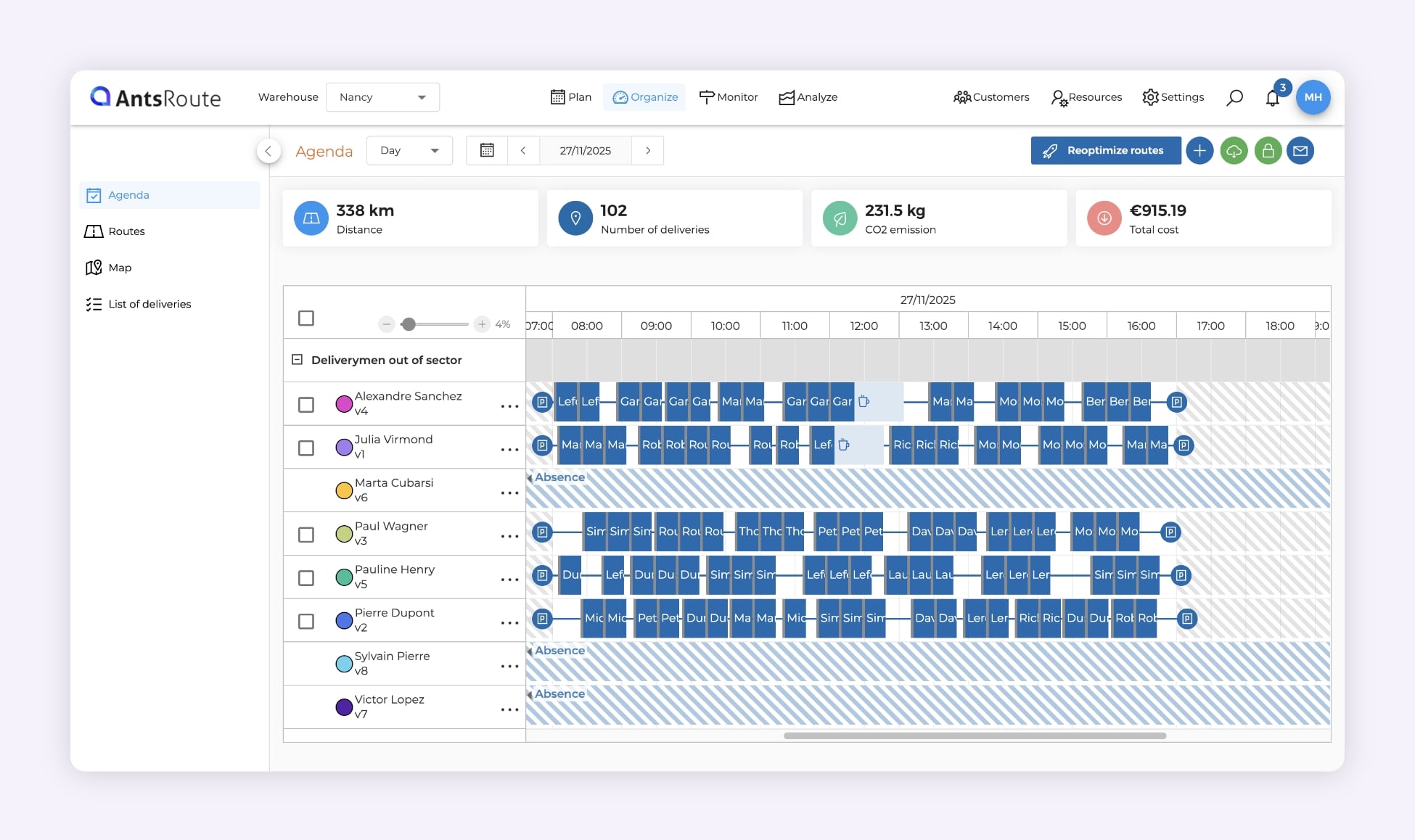 AntsRoute interface showing five evenly balanced delivery routes between drivers.