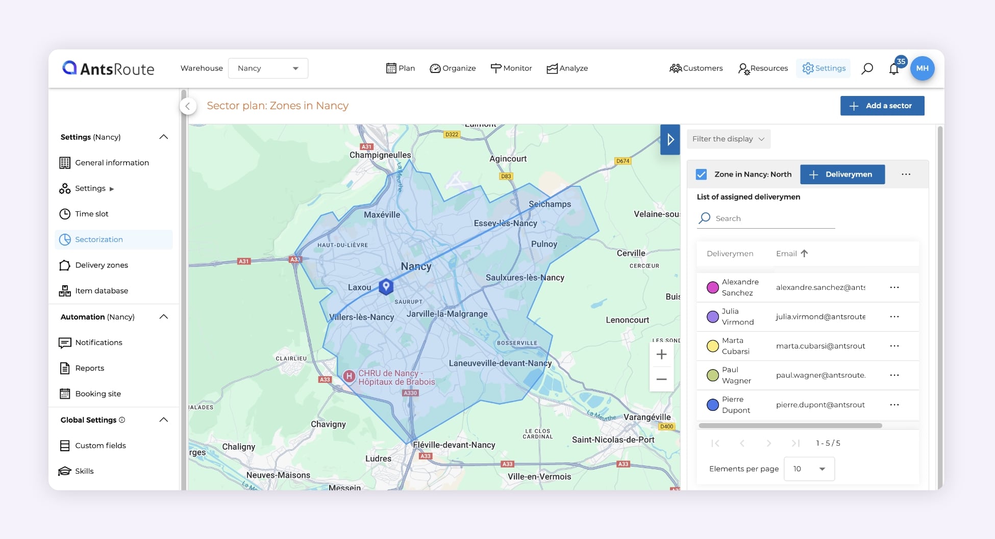 Screenshot of AntsRoute showing the creation of two geographic delivery zones with delivery drivers assigned to each zone.