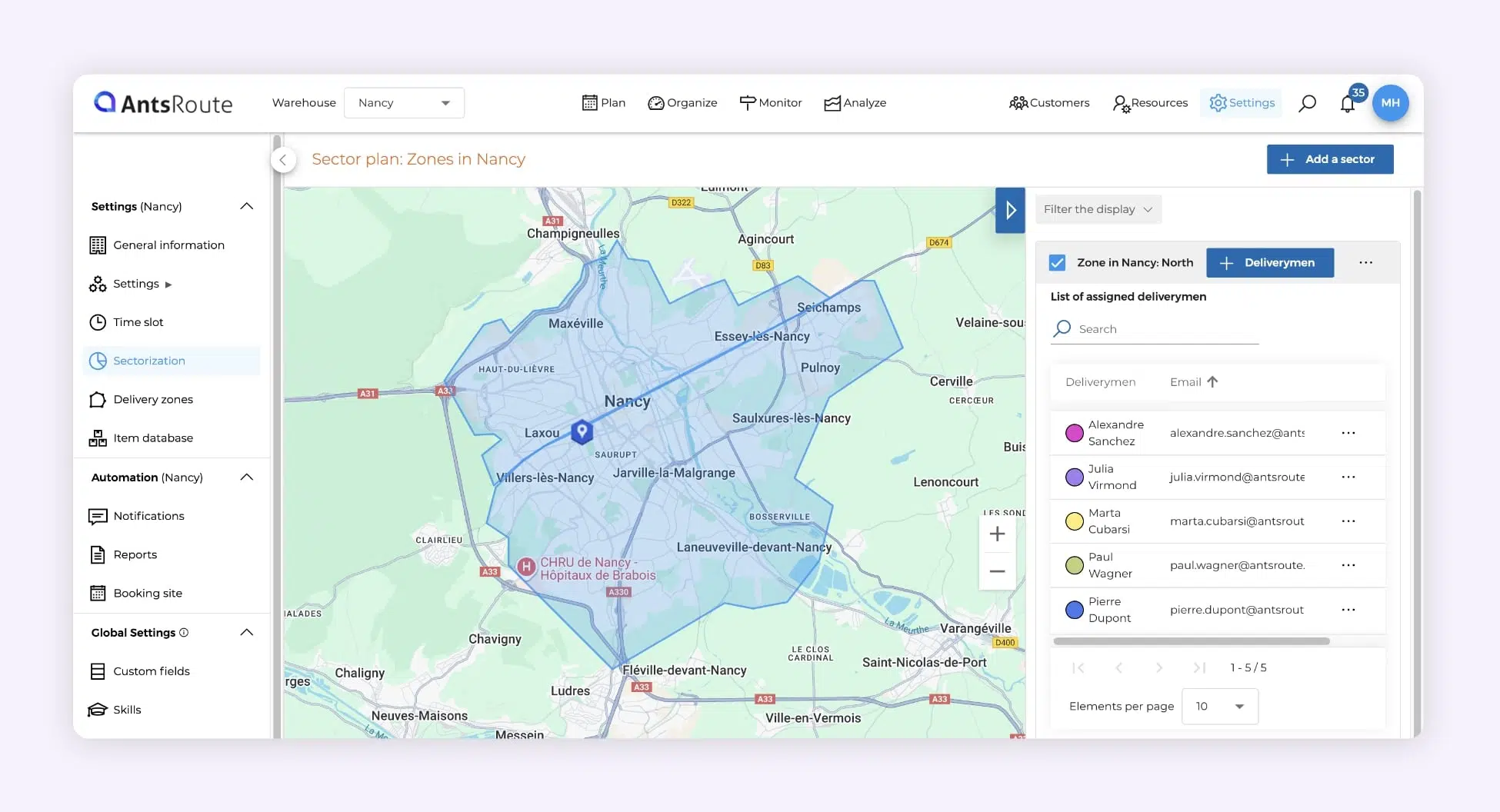 Screenshot of AntsRoute showing the creation of two geographic delivery zones with delivery drivers assigned to each zone.