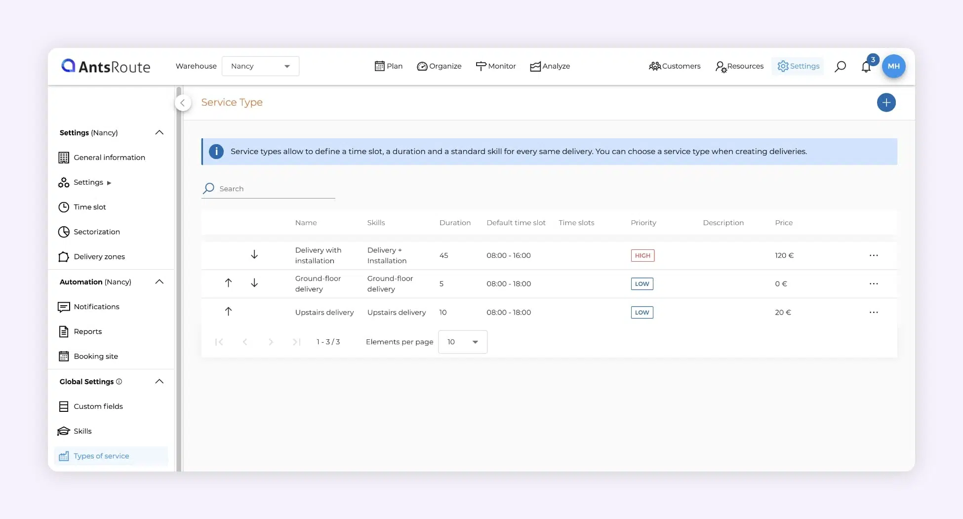 Screenshot of AntsRoute showing the creation of three delivery types with a configured service duration for each.