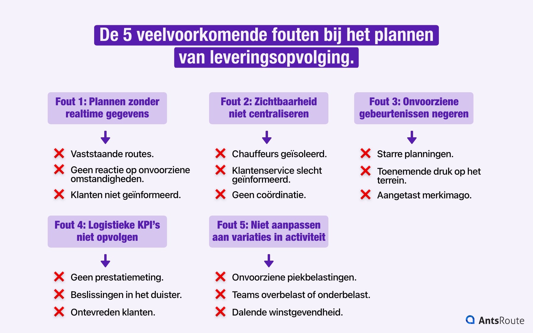 Schema met de 5 veelvoorkomende fouten bij het plannen van leveringsopvolging.