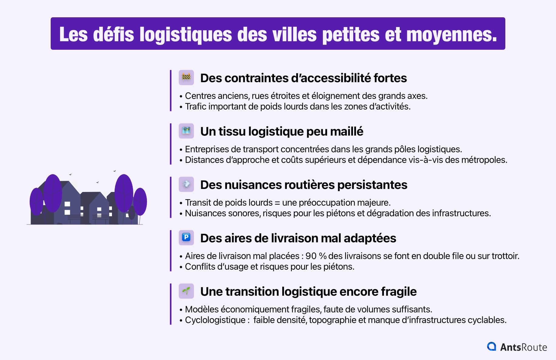 Les 5 défis logistiques des villes petites et moyennes : accessibilité difficile, réseau logistique limité, nuisances routières, aires de livraison inadaptées et transition encore fragile vers une logistique durable.