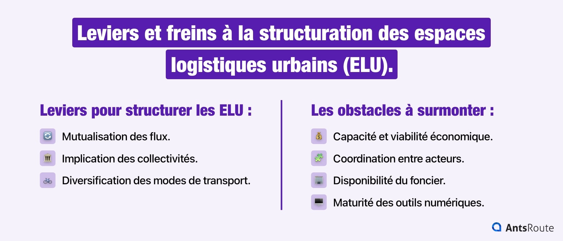 Leviers et freins de la logistique urbaine : mutualisation, implication publique, diversification des transports face aux défis économiques, fonciers et numériques des espaces logistiques urbains.