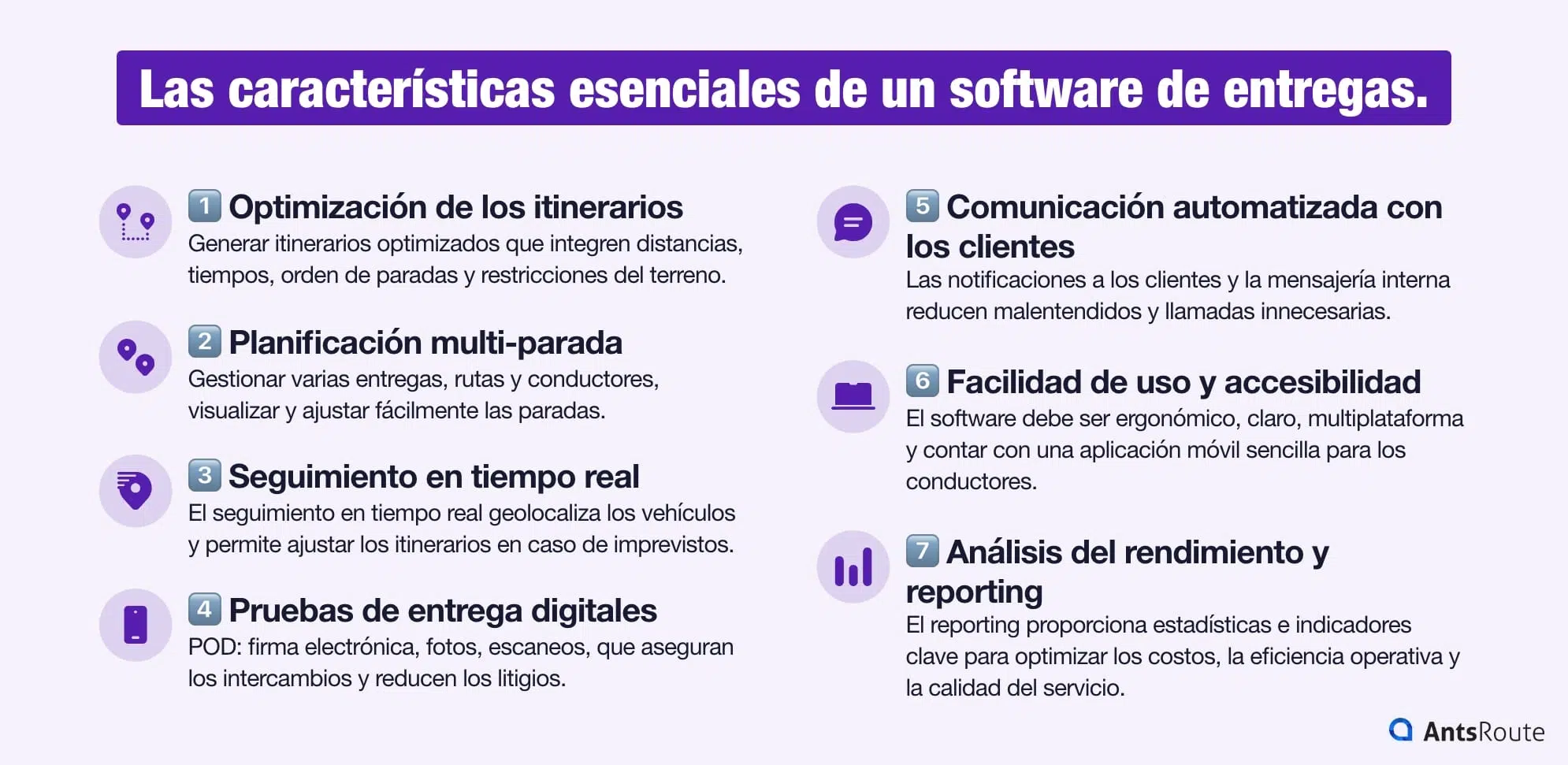 Infografía que presenta las funcionalidades de una herramienta gratuita de planificación de rutas: optimización avanzada de los itinerarios, creación de rutas con múltiples paradas, seguimiento en tiempo real, etc., ilustradas con iconos y breves descripciones.