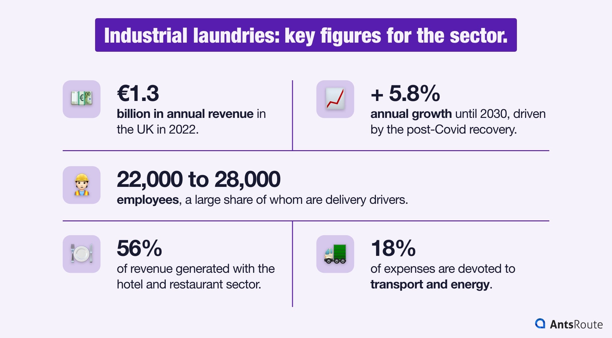 Infographic on the industrial laundry sector: annual revenue, growth until 2030, number of employees, share of the hotel and restaurant sector, and impact of transport.