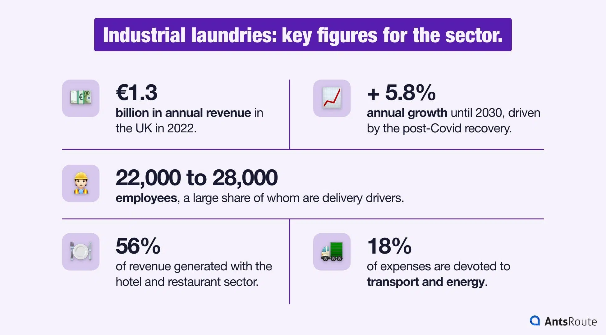 Infographic on the industrial laundry sector: annual revenue, growth until 2030, number of employees, share of the hotel and restaurant sector, and impact of transport.