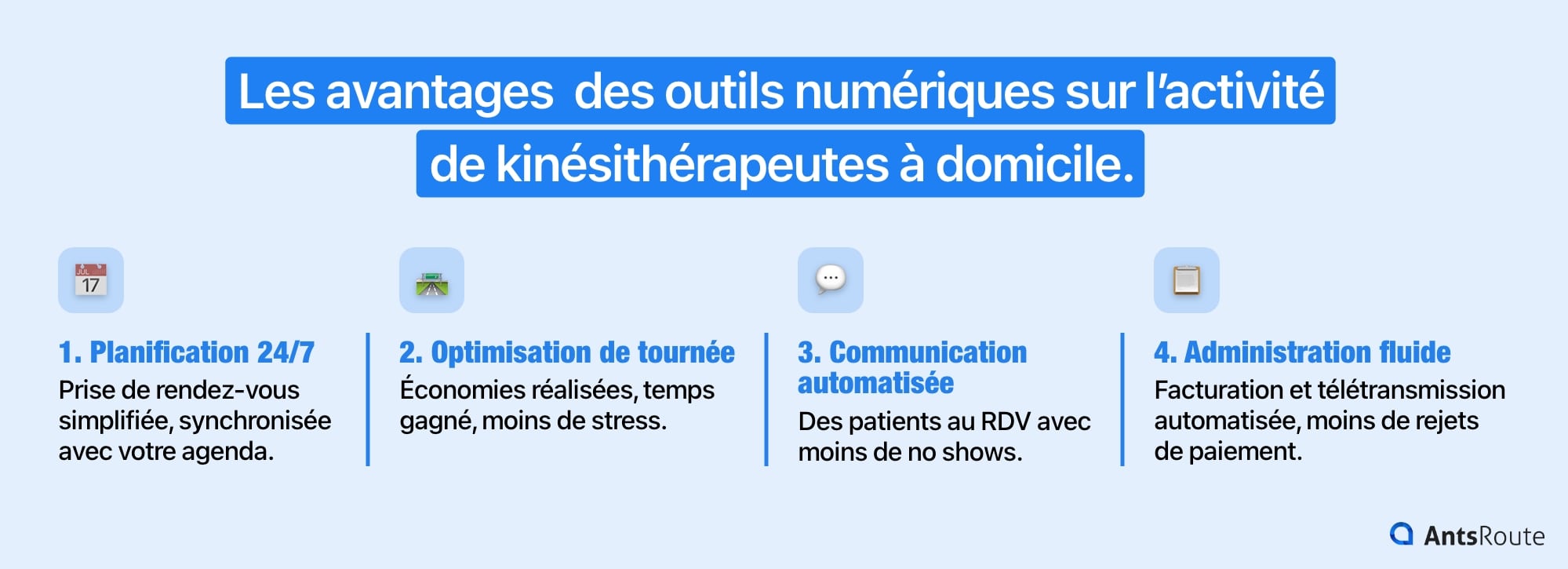 Schéma présentant les avantages des outils numériques pour les tournées de kinésithérapie à domicile.