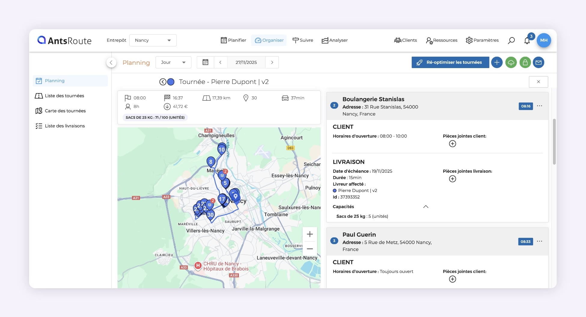 Capture d’écran du logiciel d’optimisation de tournées AntsRoute montrant une tournée de livraison auprès de boulangeries sur une carte.