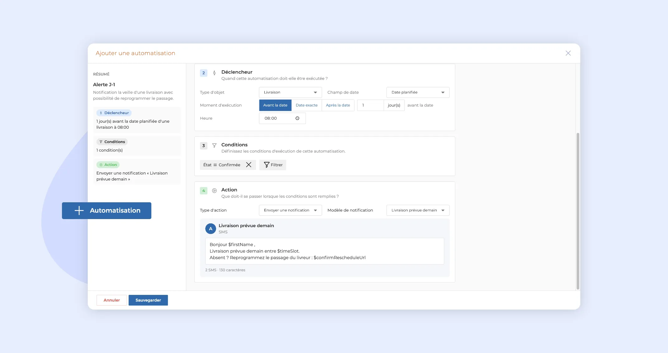 Création d’une automatisation AntsRoute pour envoyer un SMS de rappel avant une livraison et permettre sa reprogrammation
