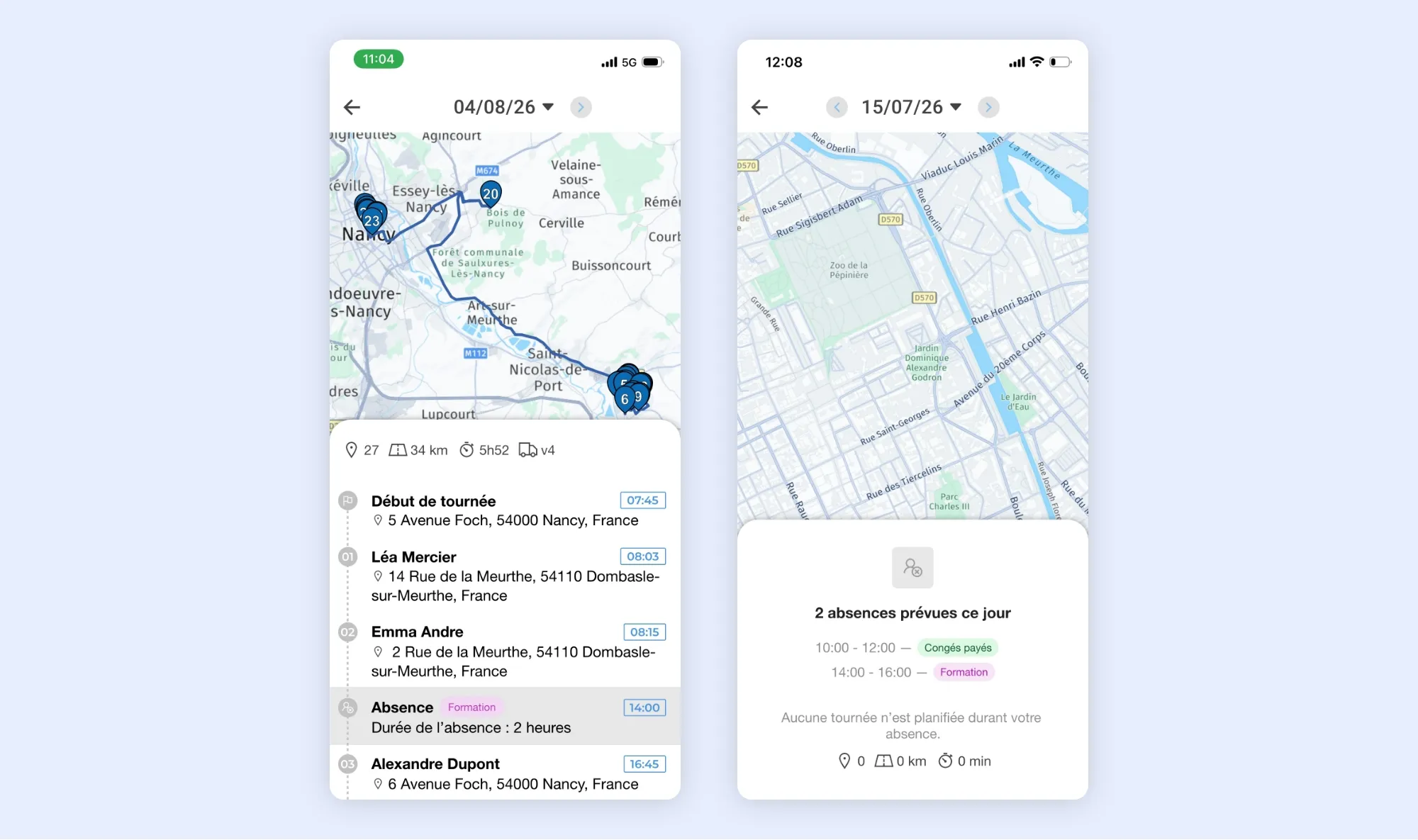 Application mobile AntsRoute affichant une tournée avec ses étapes sur la carte et les périodes d’absence planifiées d’un agent terrain