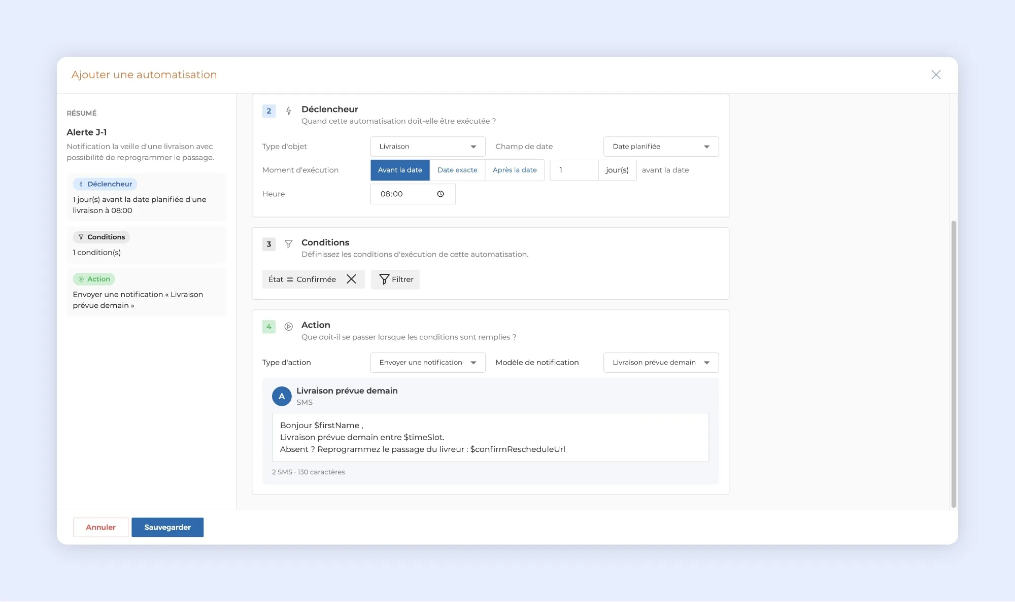 Configuration d’une automatisation AntsRoute pour envoyer un SMS de rappel la veille d’une livraison