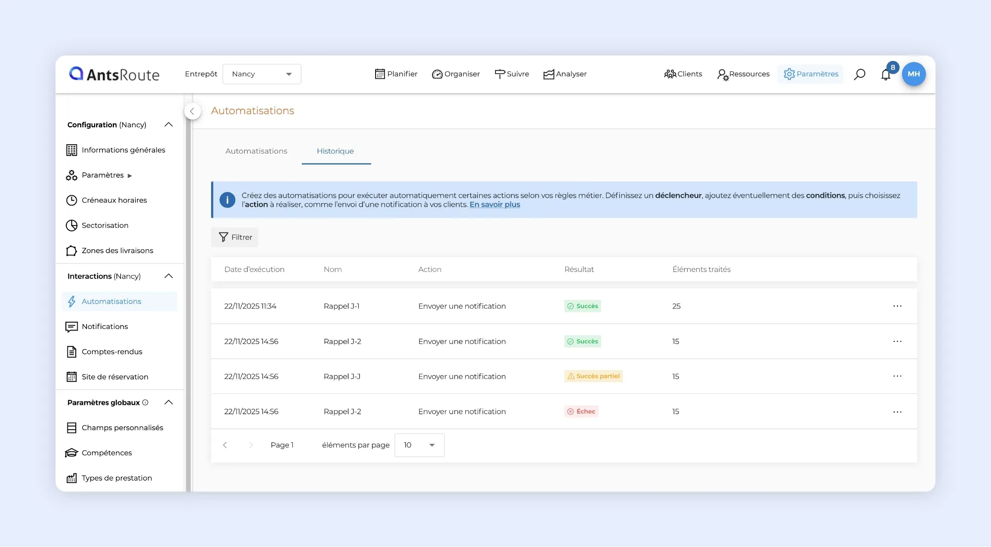 Historique des automatisations AntsRoute avec le suivi des notifications envoyées et leur statut d’exécution