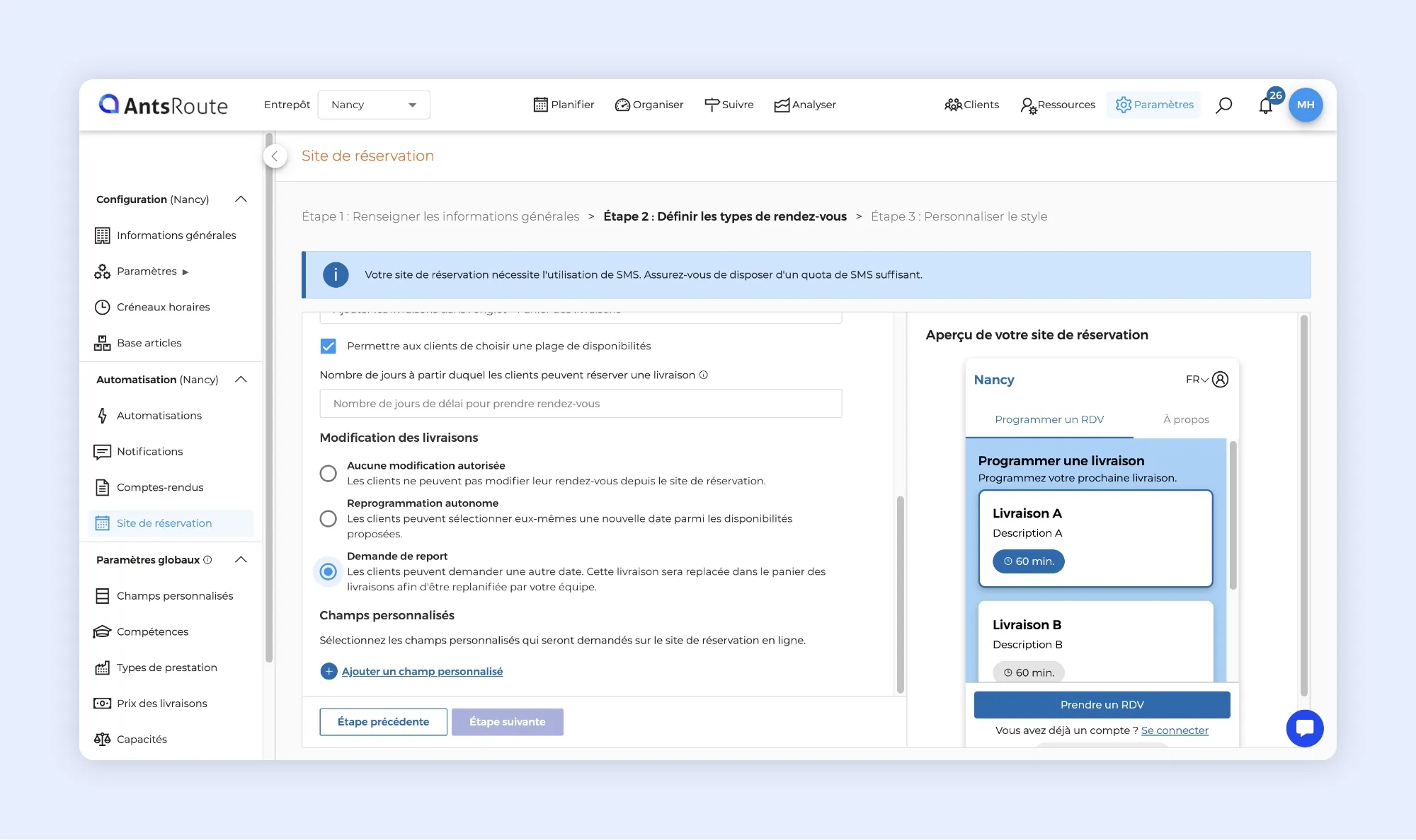 Configuration du site de réservation AntsRoute avec options de reprogrammation des livraisons et aperçu de la prise de rendez-vous en ligne