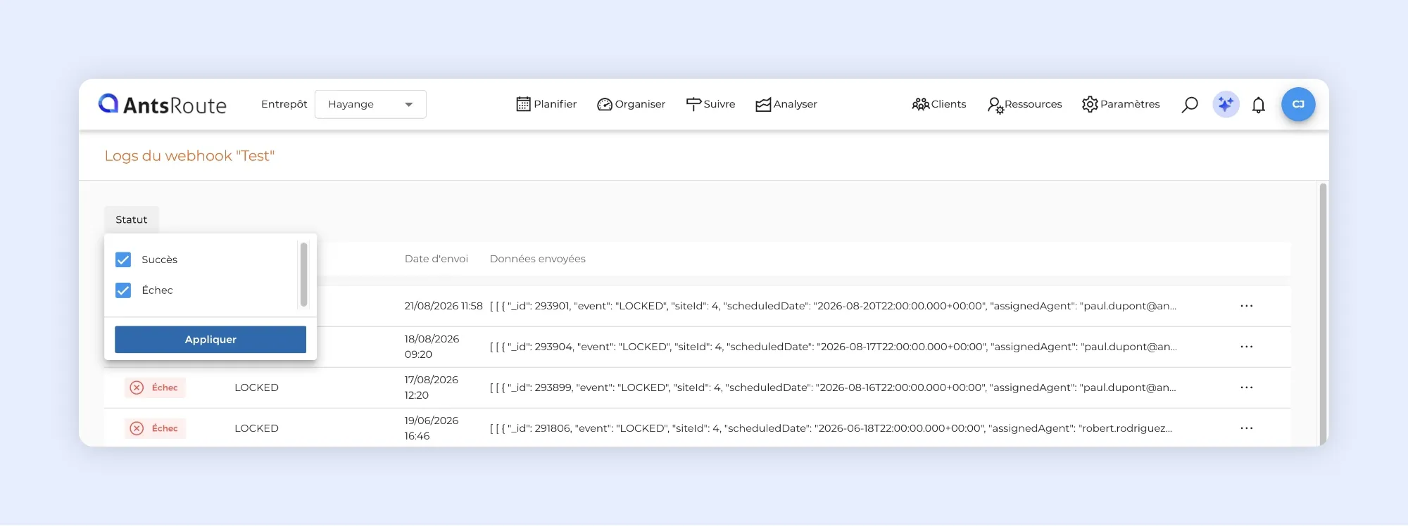 Historique des logs d’un webhook AntsRoute avec filtrage des envois par statut de succès ou d’échec