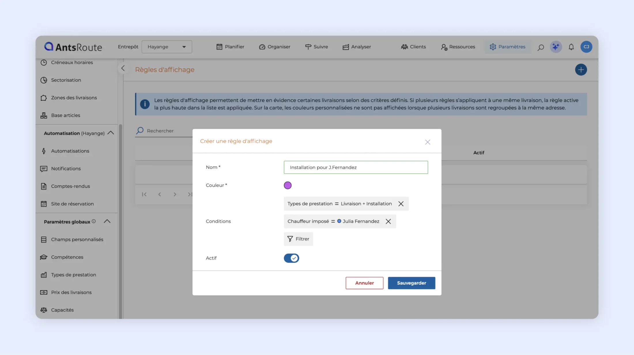 Création d’une règle d’affichage des livraisons selon le type de prestation et le chauffeur dans AntsRoute