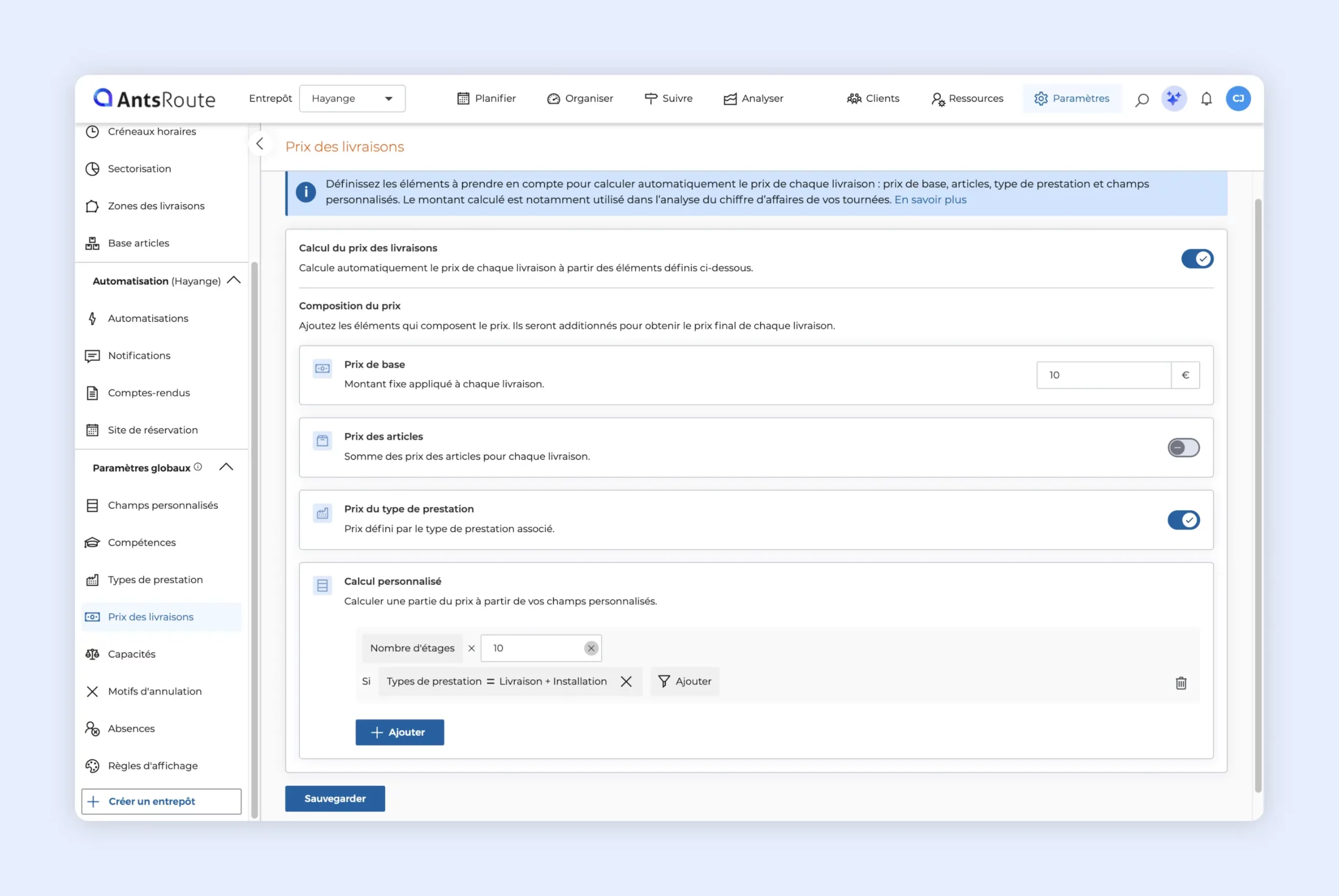 Paramétrage du calcul automatique du prix des livraisons dans le logiciel AntsRoute