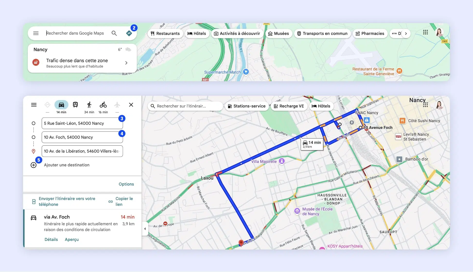 L’interface de Google Maps affichant les différentes étapes de création d’un itinéraire comportant plusieurs arrêts, représentés par des cercles bleus numérotés selon l’ordre des étapes.