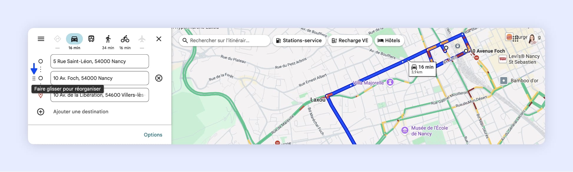 L’interface de Google Maps affichant la réorganisation de l’ordre des arrêts d’un itinéraire à Nancy, France.
