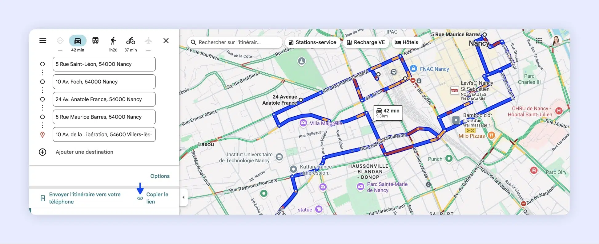 L’interface de Google Maps affichant le partage d’un itinéraire à Nancy, France.