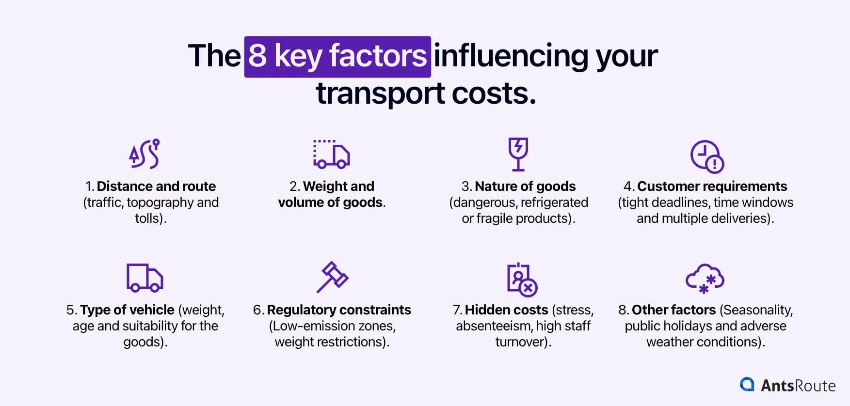 Figure showing the 8 key factors influencing your transport costs.