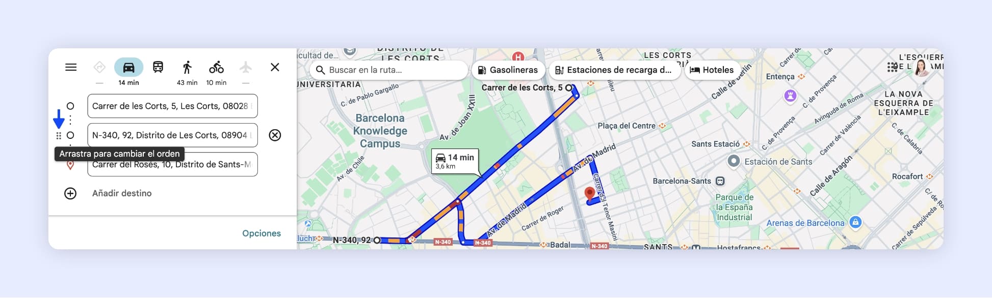 La interfaz de Google Maps que muestra la reorganización del orden de las paradas de un itinerario en Barcelona.