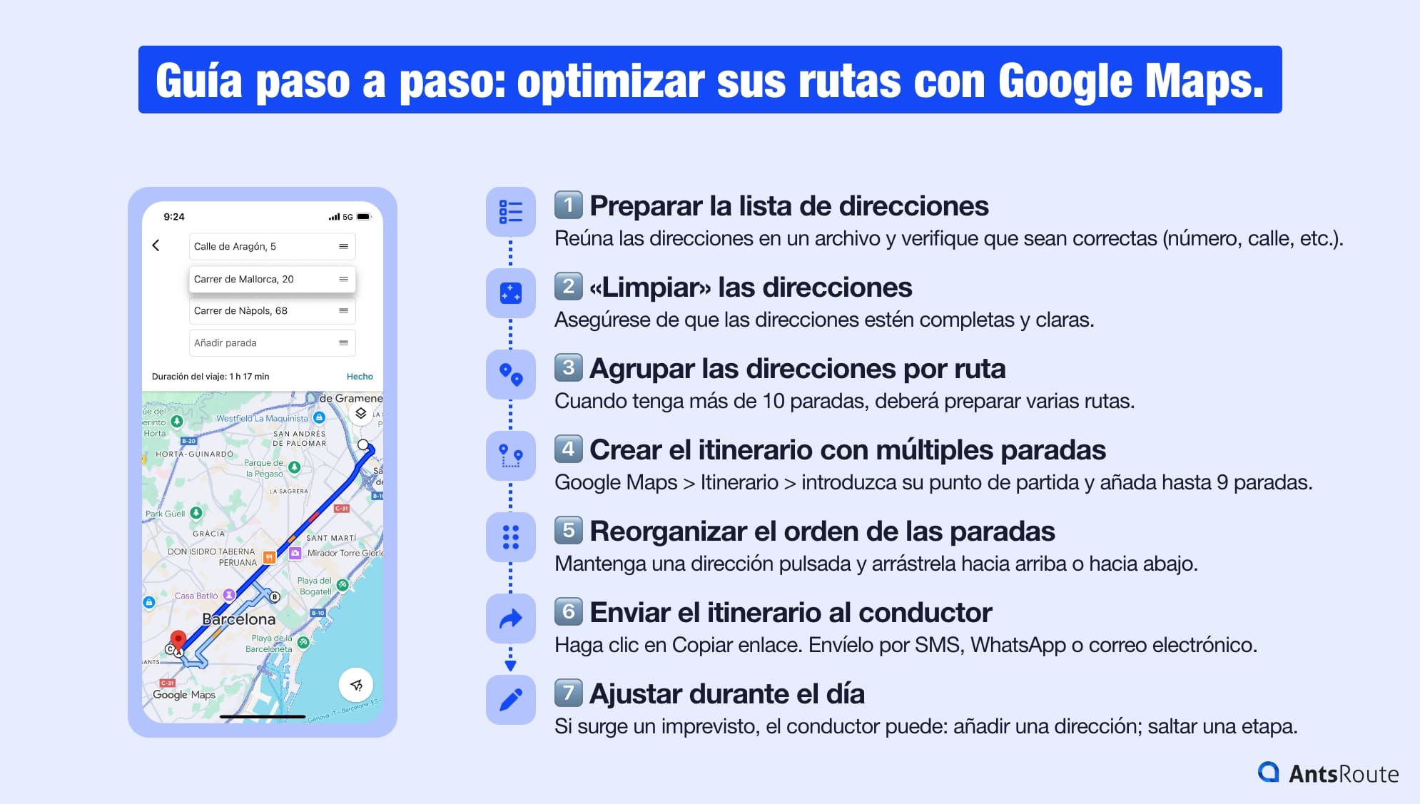 Infografía que presenta los pasos para optimizar rutas con Google Maps: preparar la lista de direcciones, limpiar las direcciones, agrupar las direcciones por ruta, crear el itinerario con múltiples paradas, etc.