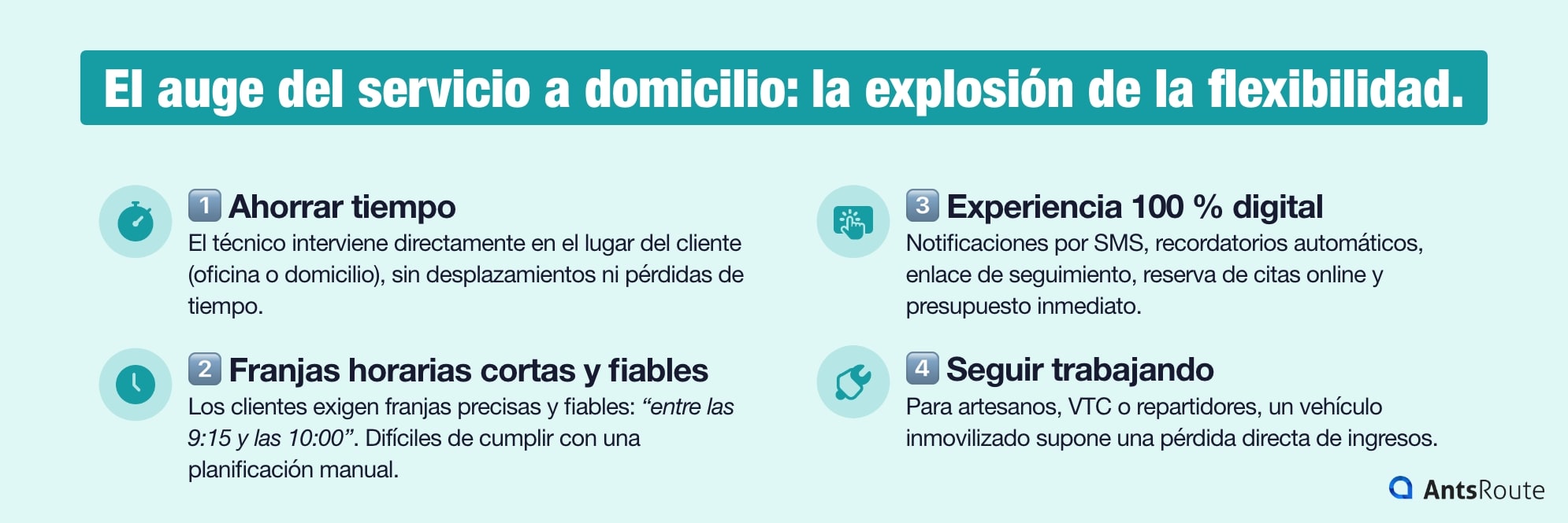 Infografía sobre las razones del crecimiento de los servicios a domicilio: ahorrar tiempo, franjas horarias cortas y fiables, experiencia 100 % digital y seguir trabajando.