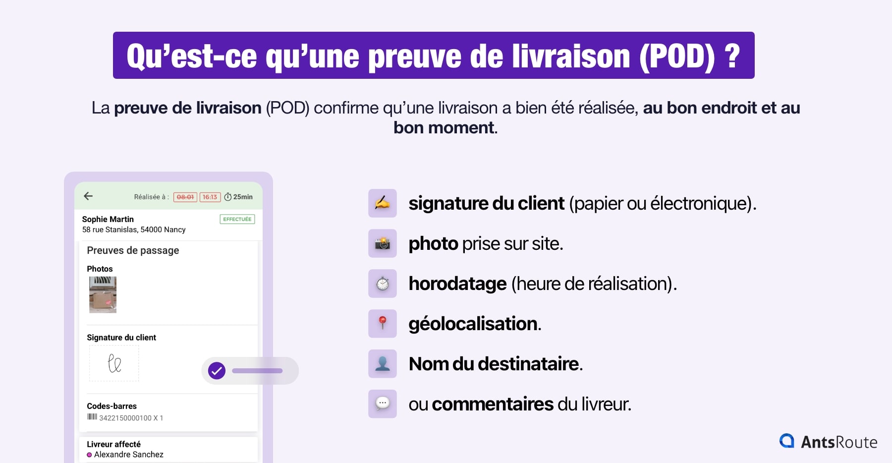 Infographie présentant les éléments qui figurent sur une preuve de livraison : signature, photo, horodatage, géolocalisation, destinataire, commentaires.
