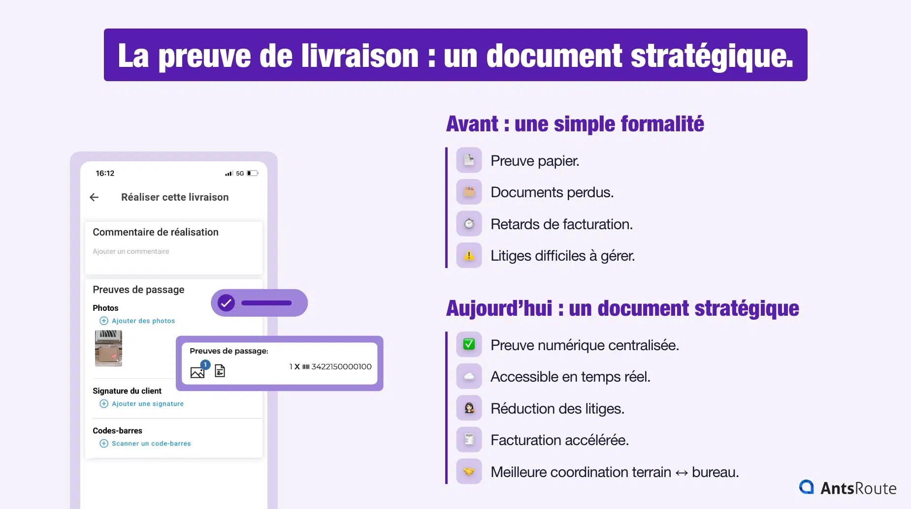 Infographie montrant l’évolution de la preuve de livraison, passée d’une formalité administrative papier à un document stratégique numérique, permettant l’accès en temps réel, la réduction des litiges et l’accélération de la facturation.