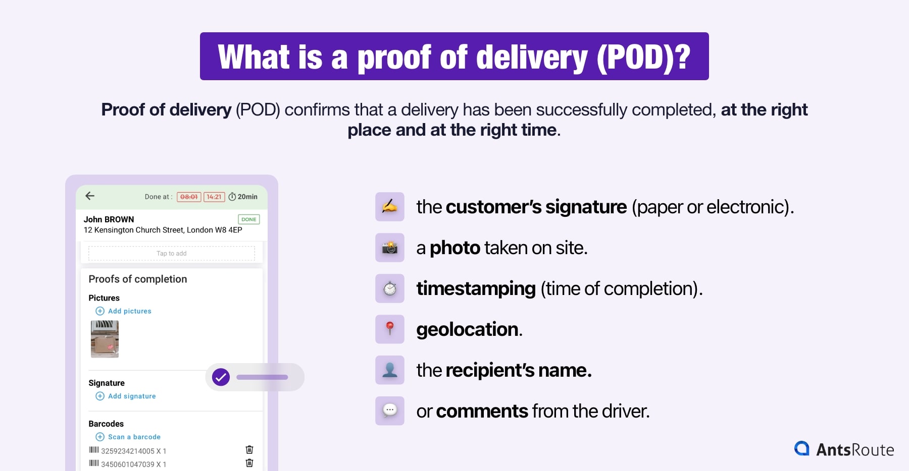 An infographic presenting the elements included in a proof of delivery: signature, photo, timestamp, geolocation, recipient and comments.
