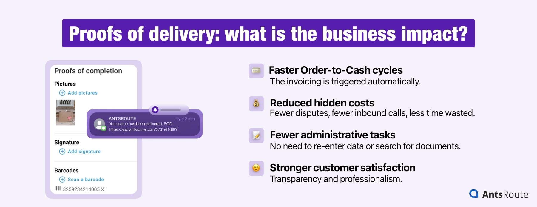 Infographic showing the business impact of proofs of delivery: faster Order-to-Cash cycles, reduced hidden costs, fewer administrative tasks and stronger customer satisfaction.