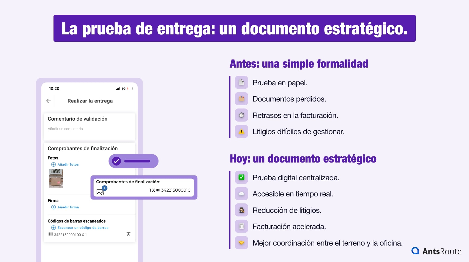 Infografía que muestra la evolución de la prueba de entrega, que pasa de una formalidad administrativa en papel a un documento estratégico digital, permitiendo el acceso en tiempo real, la reducción de los litigios y la aceleración de la facturación.