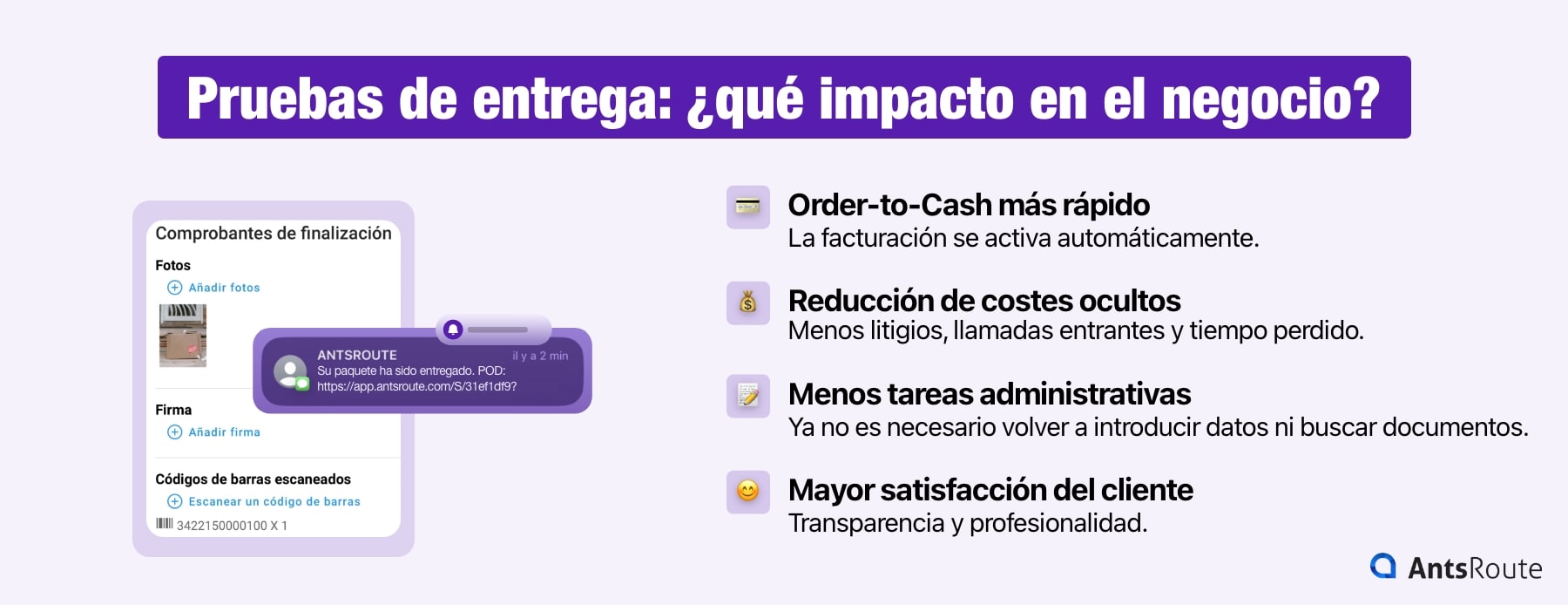 Infografía que presenta el impacto de las pruebas de entrega en el negocio: Order-to-Cash más rápido, reducción de los costes ocultos, menos tareas administrativas y mayor satisfacción del cliente.