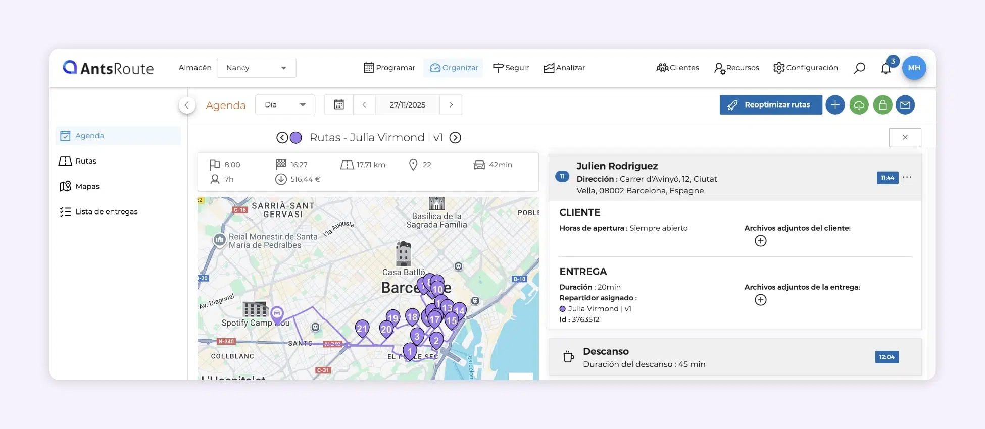 Captura de pantalla de AntsRoute que muestra una ruta de entrega que integra automáticamente la pausa del conductor en la optimización.