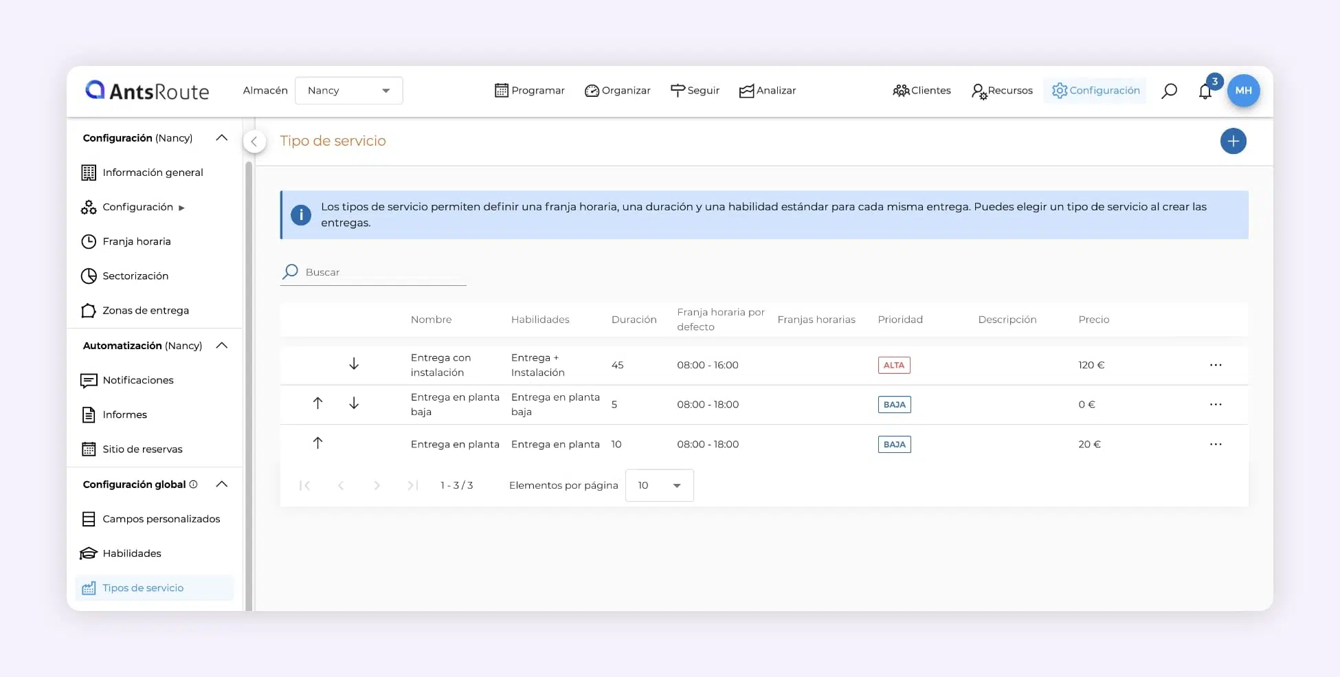 Captura de pantalla de AntsRoute que muestra la creación de tres tipos de entrega con la configuración de una duración de intervención para cada tipo.