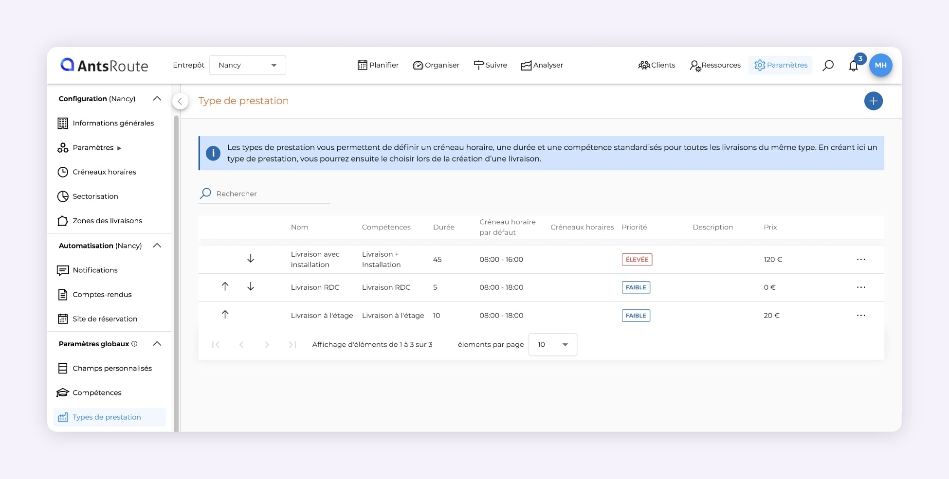 Capture d’écran d’AntsRoute montrant la création de trois types de livraison avec configuration d’une durée d’intervention pour chaque type.