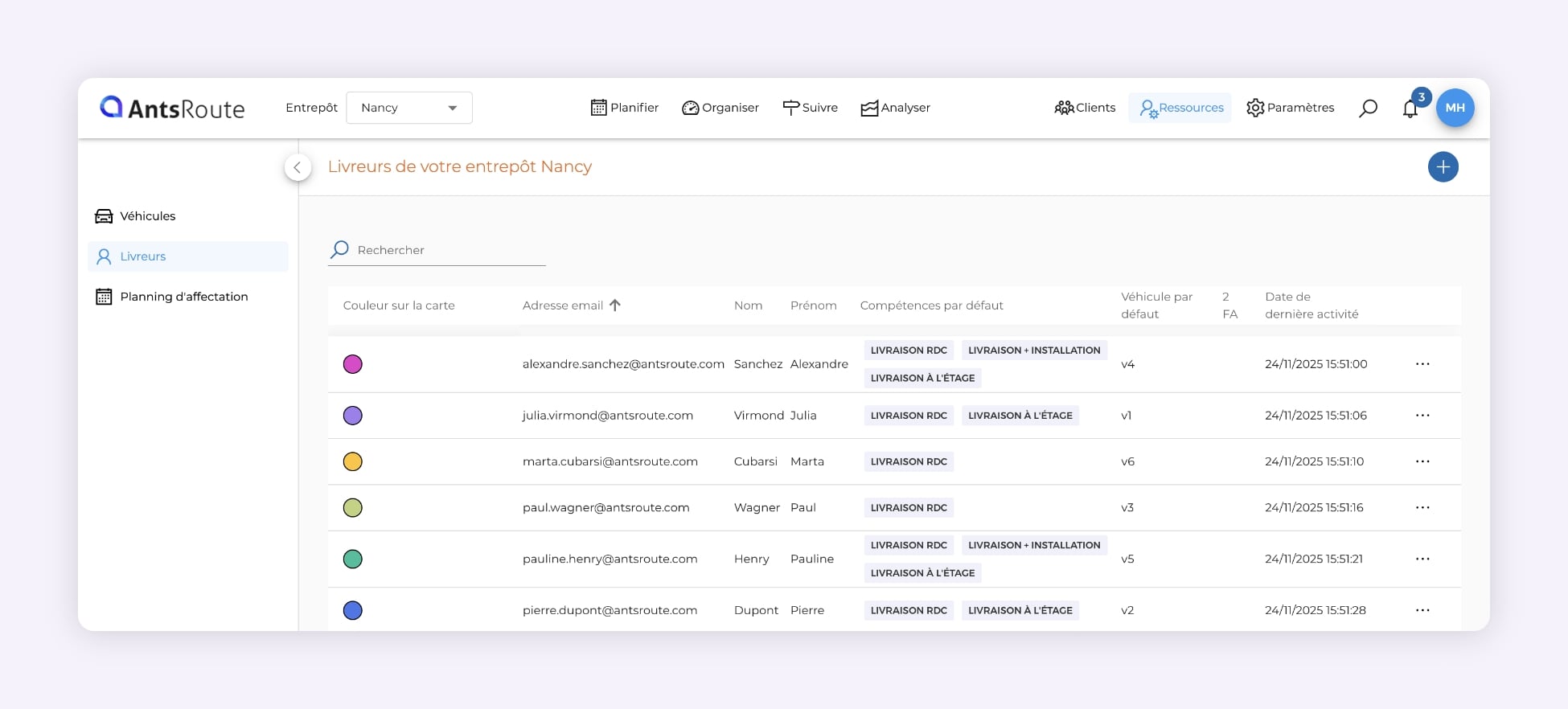 Capture d’écran d’AntsRoute affichant la liste des chauffeurs avec les compétences assignées à chacun.