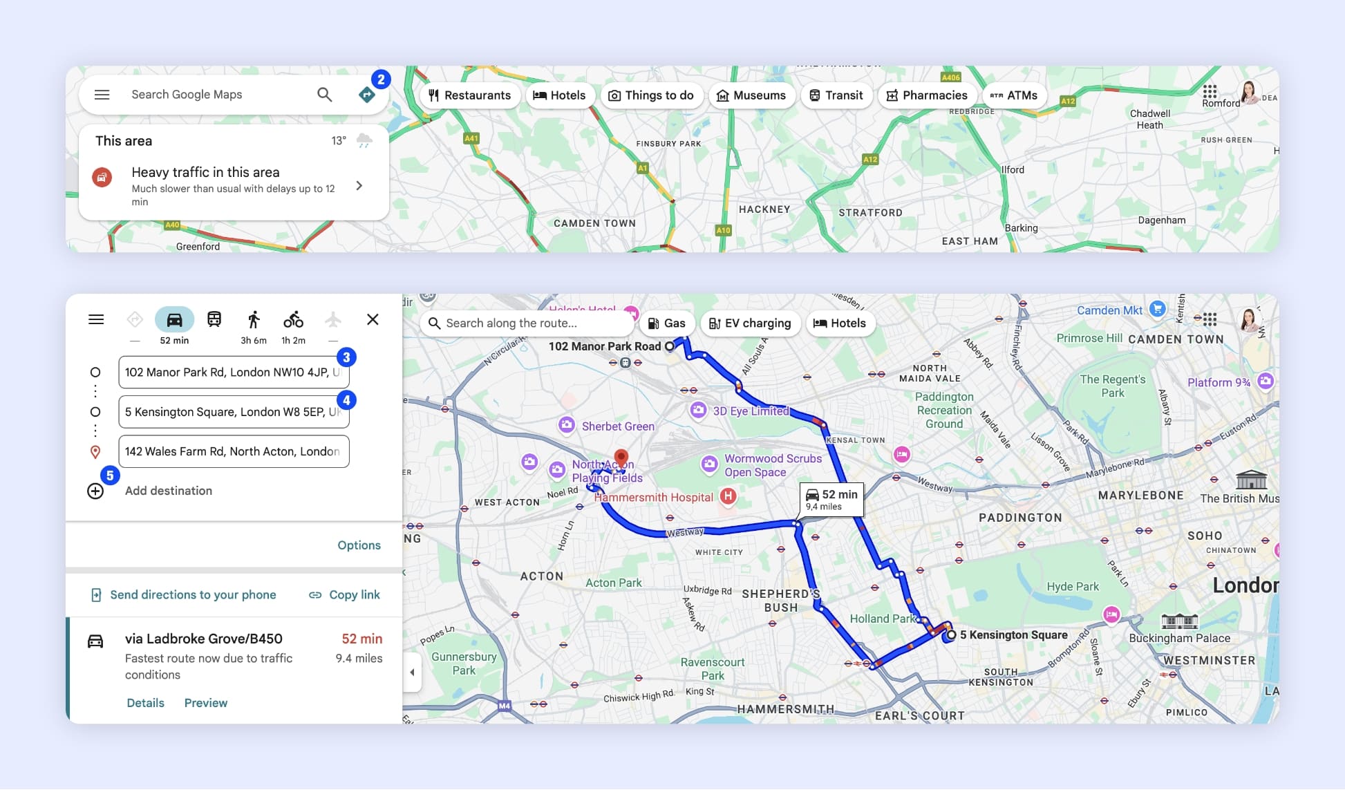 The Google Maps interface displaying the different steps involved in creating a route with multiple stops, represented by blue circles numbered according to the order of the stops.